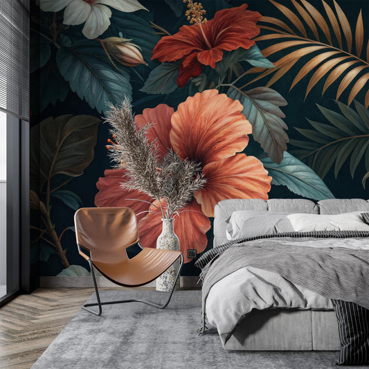 Tropical Botanical Elegant Floral Wallpaper – room setting, Golden Era Walls
