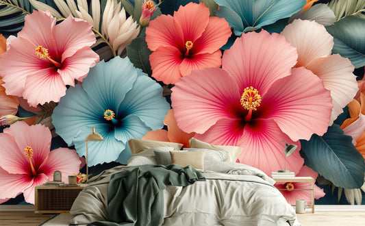 Elegant Botanical Hibiscus Flower Floral Wallpaper – peel and stick wallpaper mural, Golden Era Walls