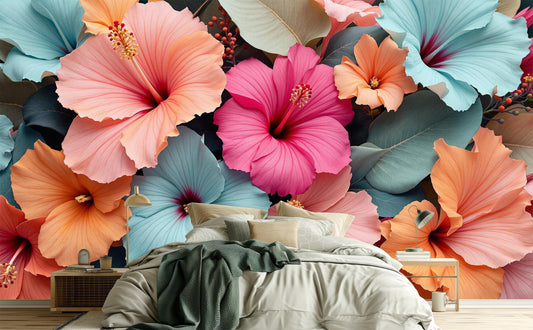 Pastel Floral Tropical Hibiscus Floral Wallpaper – lifestyle view, Golden Era Walls
