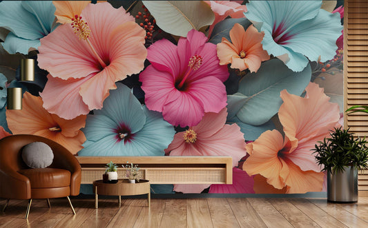 Pastel Floral Tropical Hibiscus Floral Wallpaper – detail view, Golden Era Walls