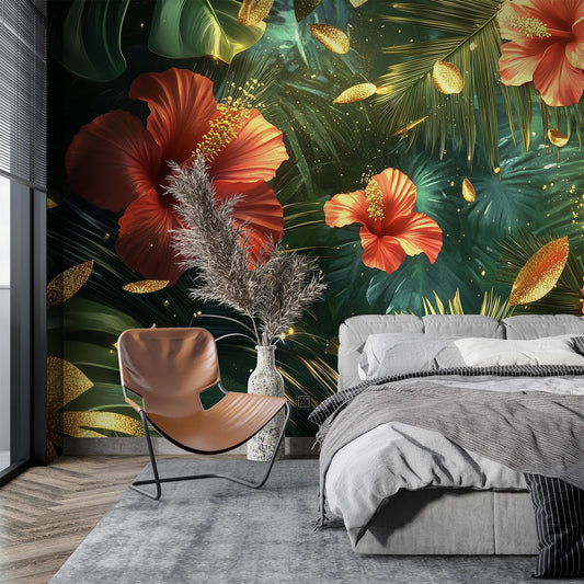 Tropical Hibiscus Bold Floral Wallpaper – room setting, Golden Era Walls