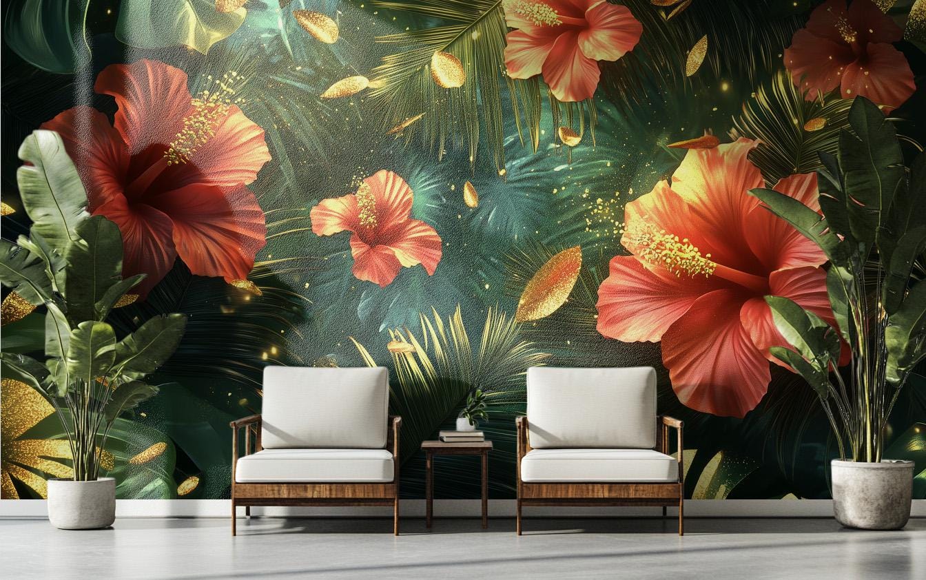 Tropical Hibiscus Bold Floral Wallpaper – scale reference, Golden Era Walls