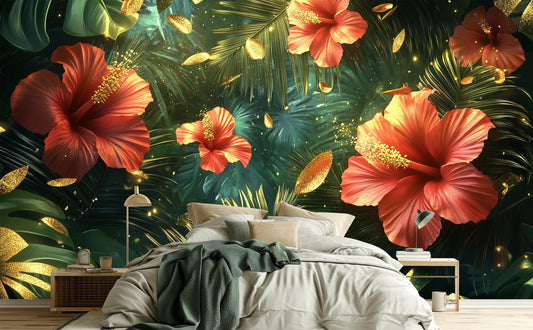 Tropical Hibiscus Bold Floral Wallpaper – lifestyle view, Golden Era Walls