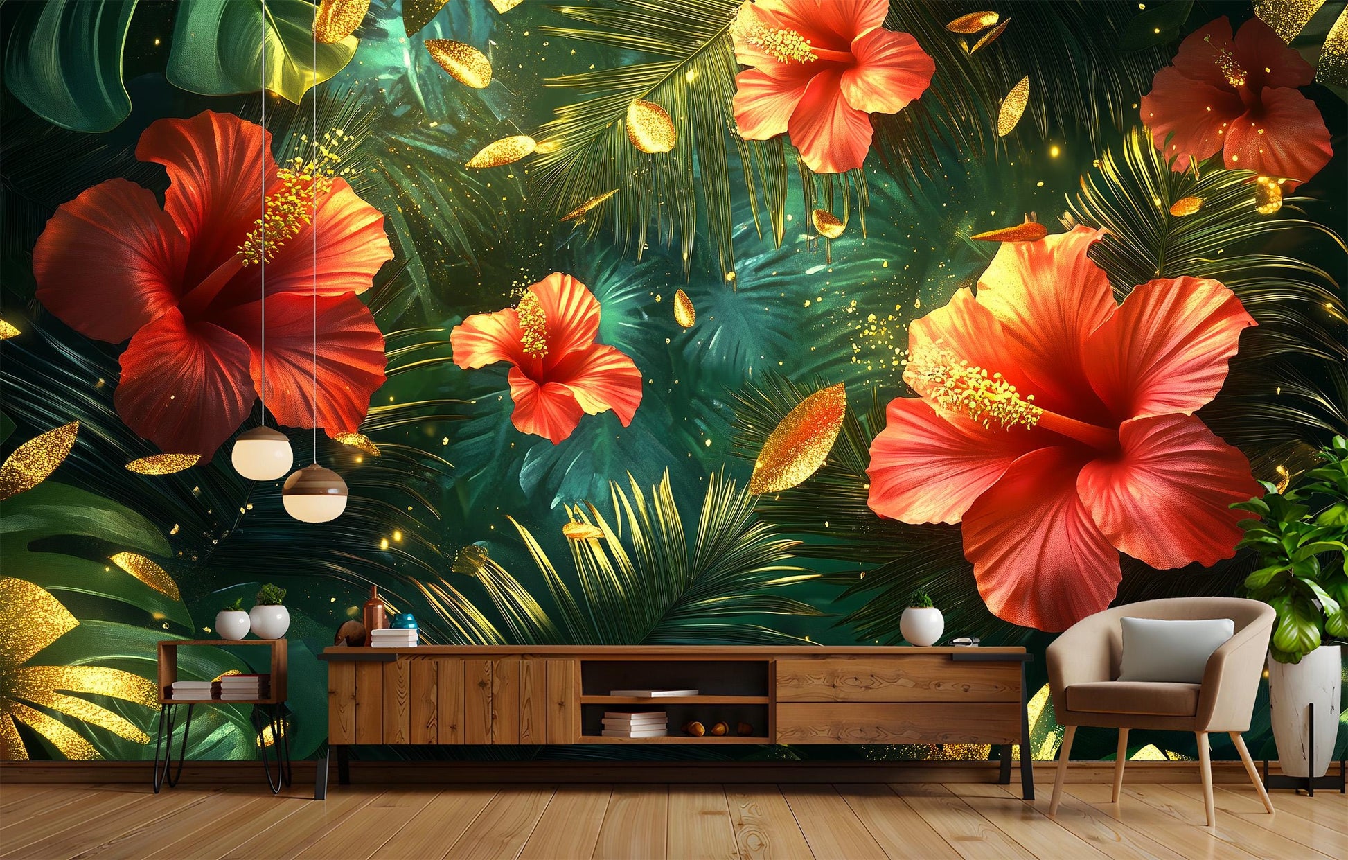 Tropical Hibiscus Bold Floral Wallpaper – detail view, Golden Era Walls