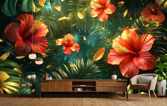 Tropical Hibiscus Bold Floral Wallpaper – detail view, Golden Era Walls