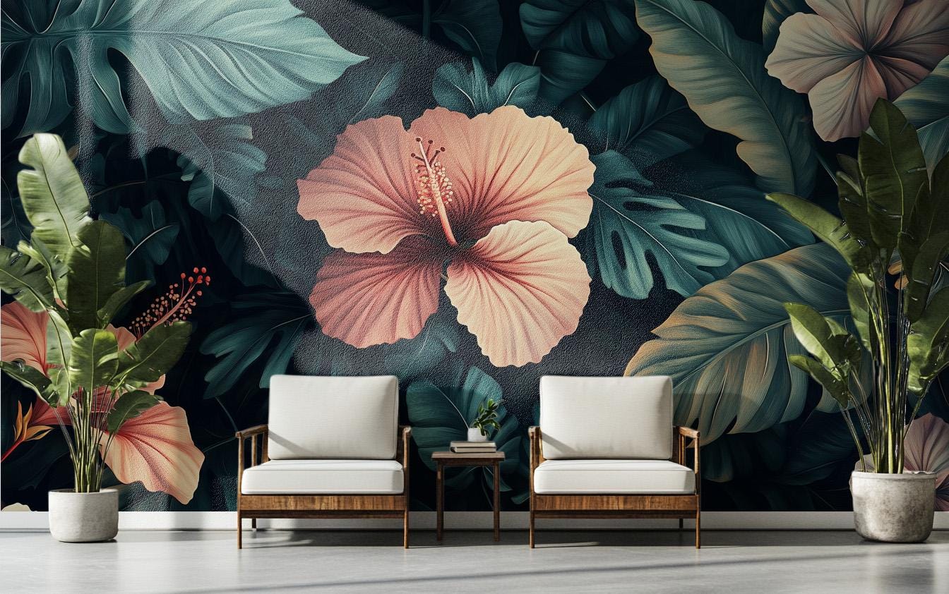 Dark Tropical or Elegant Floral Wallpaper – scale reference, Golden Era Walls