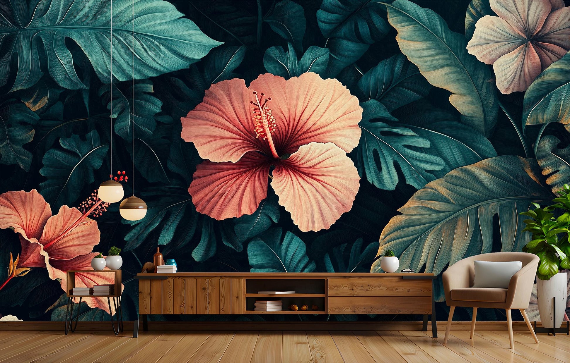 Dark Tropical or Elegant Floral Wallpaper – room setting, Golden Era Walls