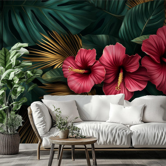 Luxury Tropical or Hibiscus Floral Wallpaper – room setting, Golden Era Walls