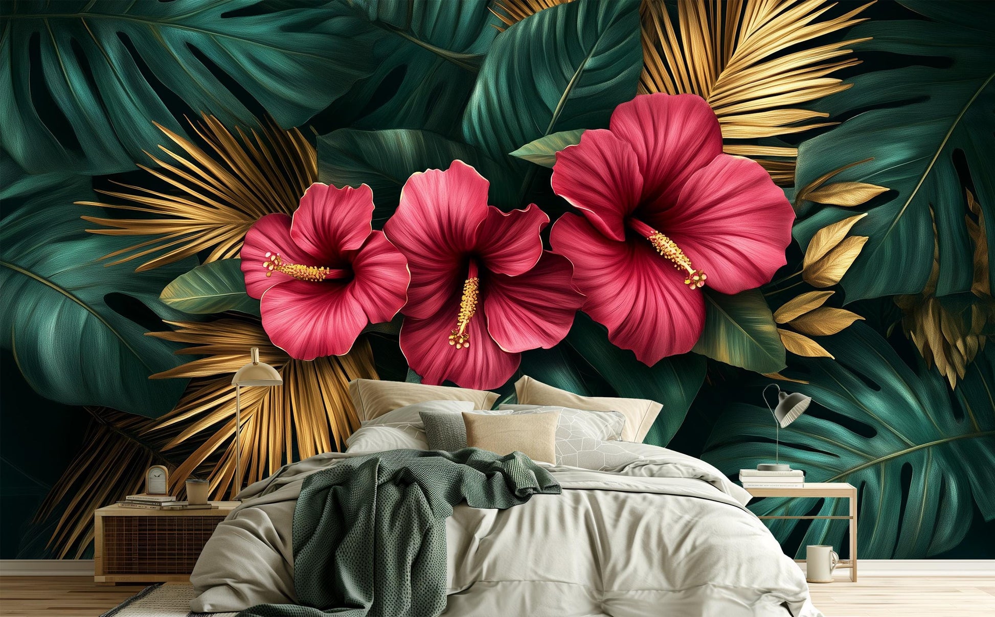 Luxury Tropical or Hibiscus Floral Wallpaper – peel and stick wallpaper mural, Golden Era Walls