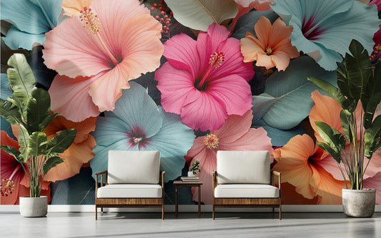 Pastel Floral Tropical Hibiscus Floral Wallpaper – lifestyle view, Golden Era Walls