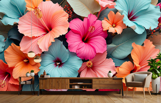 Pastel Floral Tropical Hibiscus Floral Wallpaper – detail view, Golden Era Walls