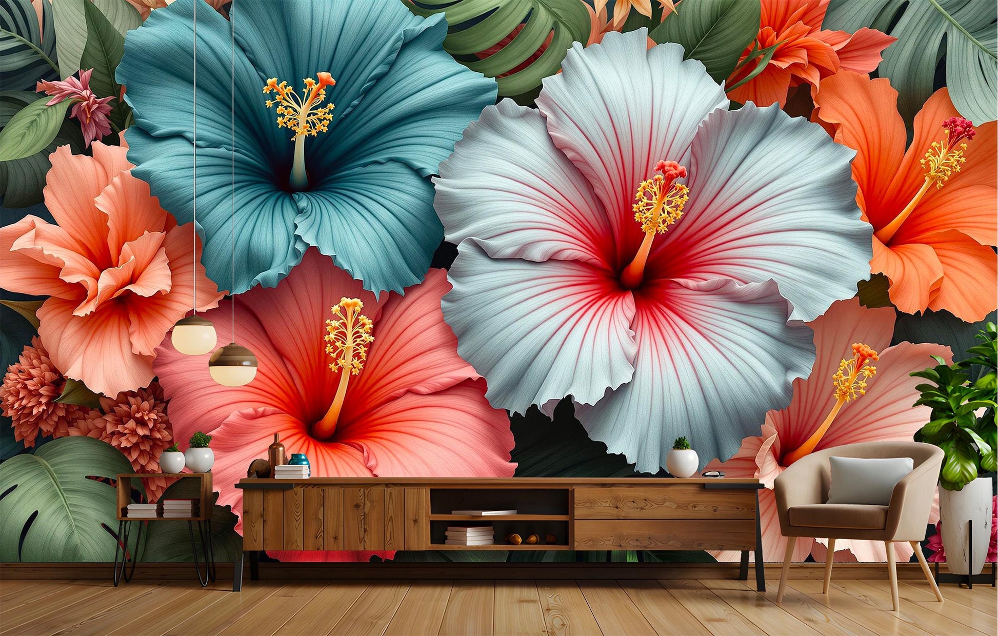 Tropical Hibiscus Colorful Floral Floral Wallpaper – scale reference, Golden Era Walls