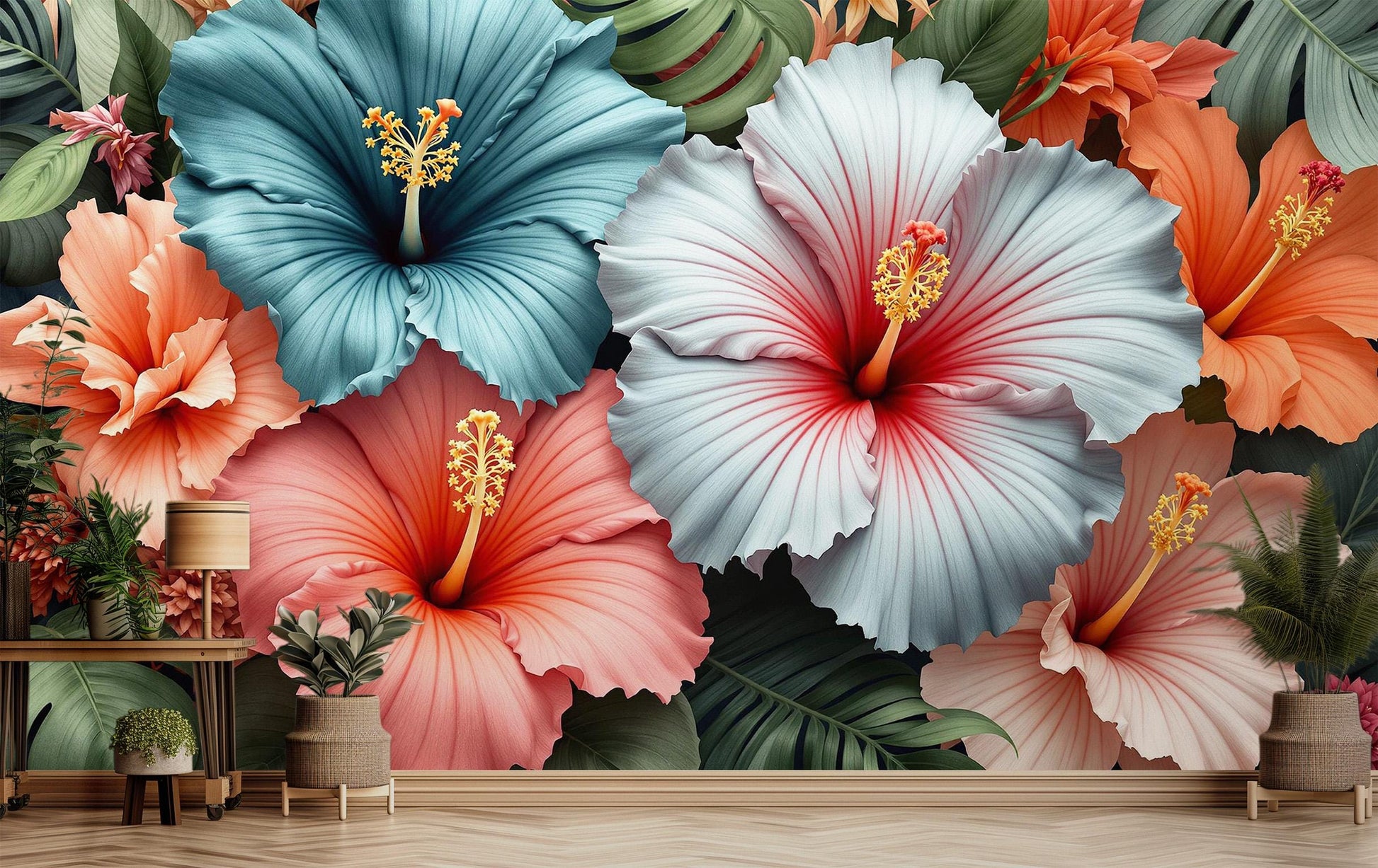 Tropical Hibiscus Colorful Floral Floral Wallpaper – lifestyle view, Golden Era Walls