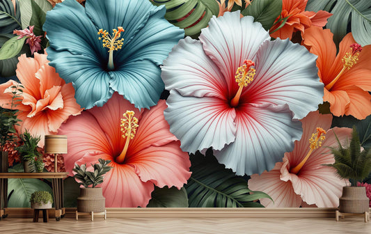 Tropical Hibiscus Colorful Floral Floral Wallpaper – lifestyle view, Golden Era Walls