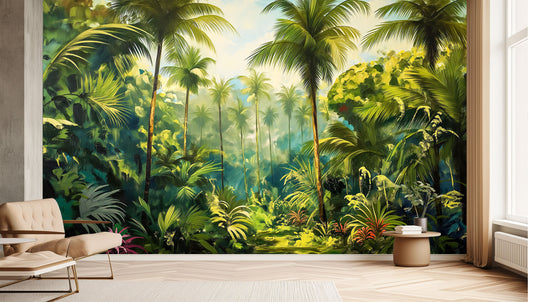 Watercolor Tropical Forest Lush Tropical Wallpaper – peel and stick wallpaper mural, Golden Era Walls