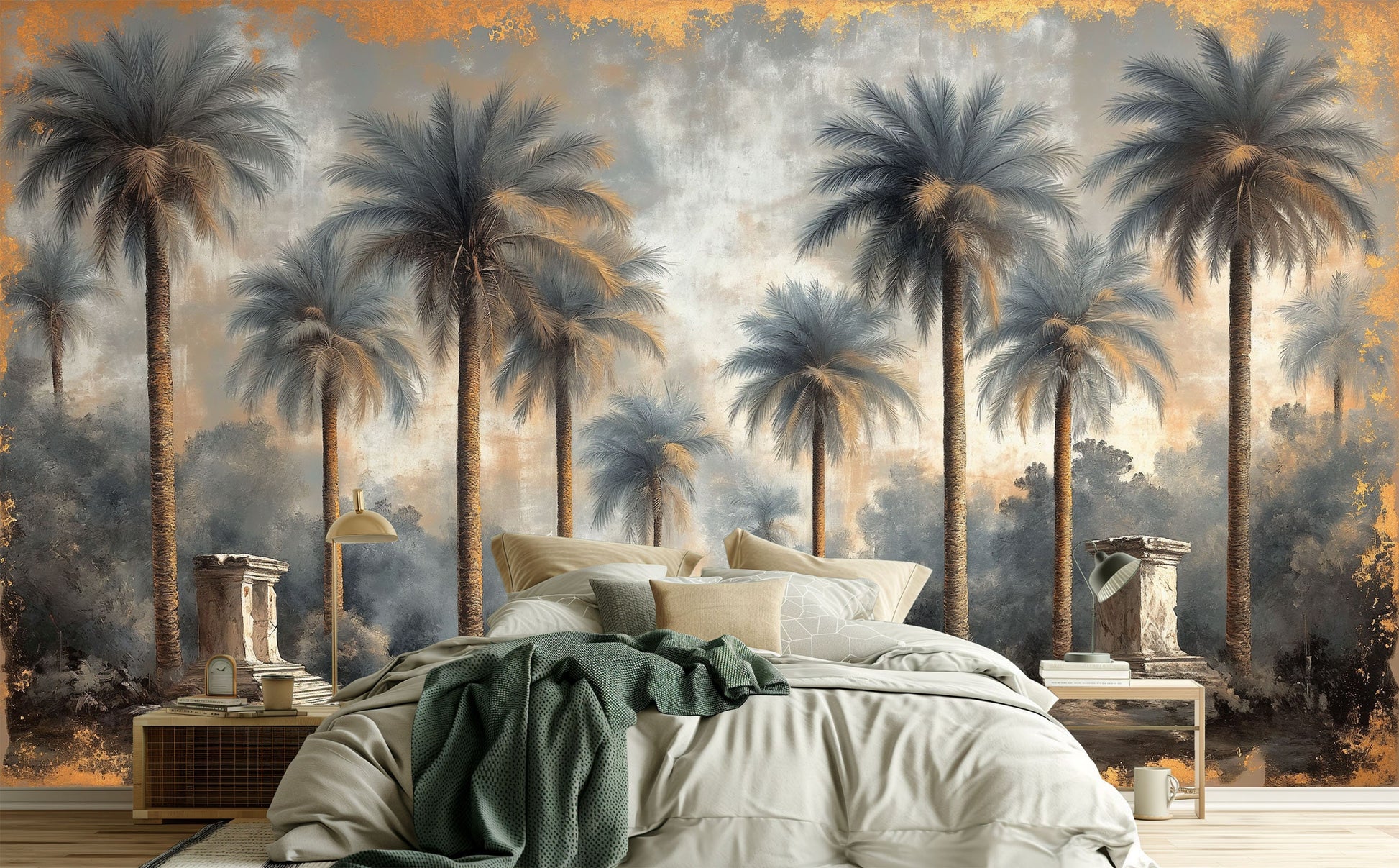 Desert Oasis Palm Trees Tropical Wallpaper – room setting, Golden Era Walls