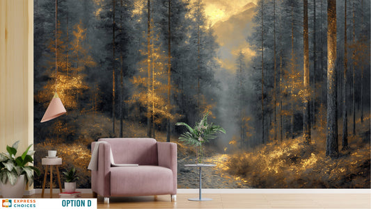 Gold Tree Forest View Wallpaper – room setting, Golden Era Walls