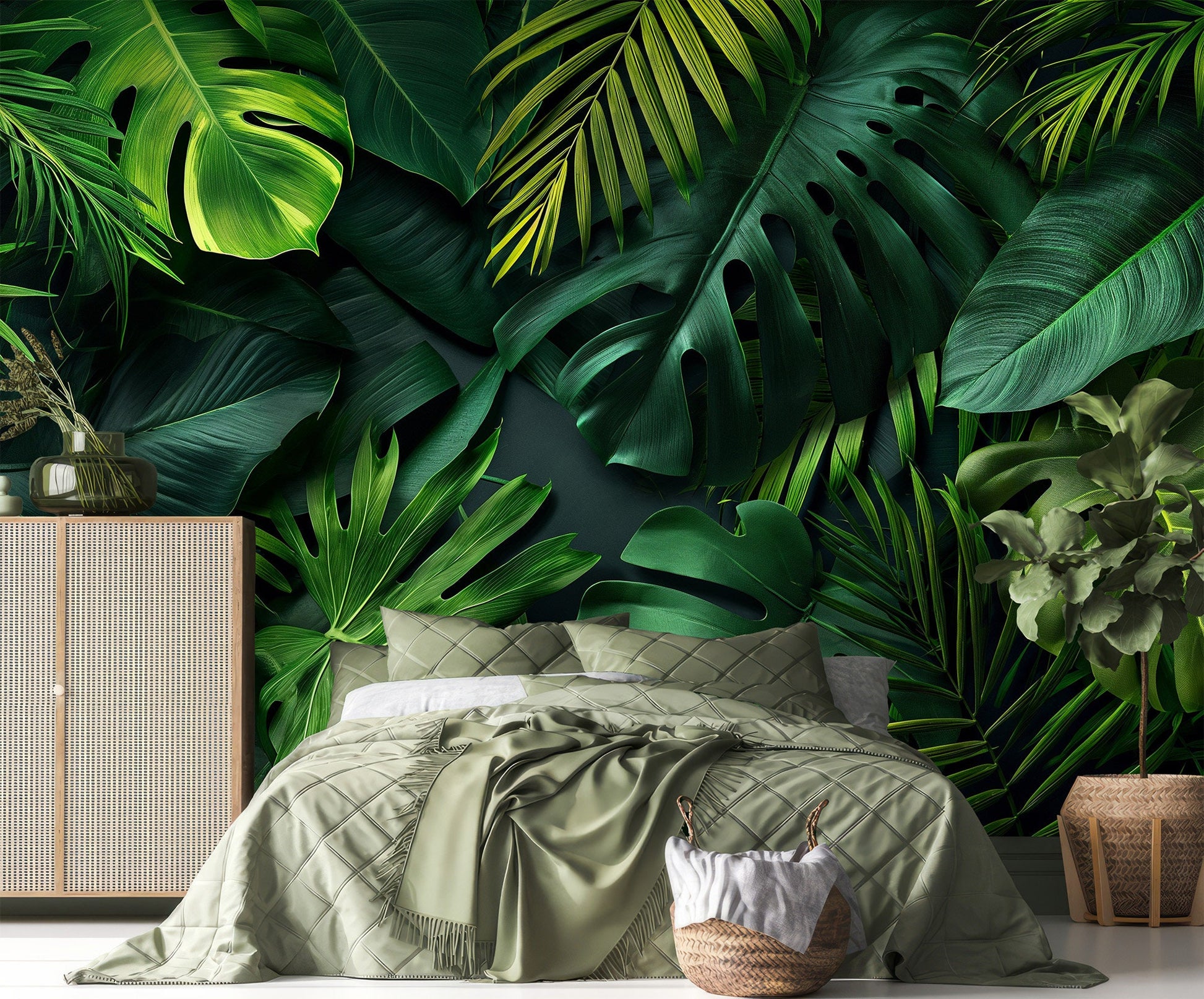 Jungle Leaves Dark Tropical Floral Wallpaper – peel and stick wallpaper mural, Golden Era Walls
