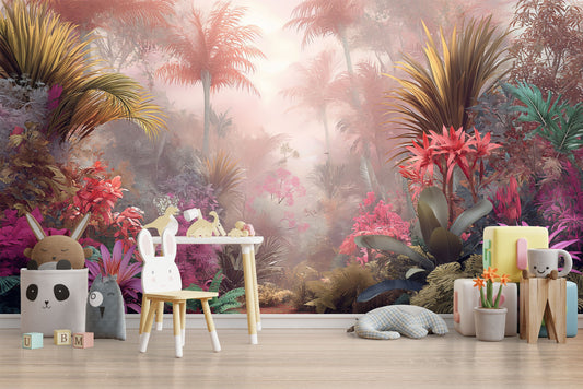 Digital painting Tropical forest Floral Wallpaper – room setting, Golden Era Walls