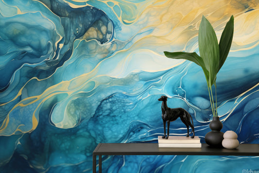 Fluid Art Abstract Modern Geometric Wallpaper – peel and stick wallpaper mural, Golden Era Walls
