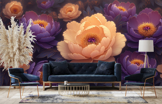 Soft Peony Flower Easy Floral Wallpaper – peel and stick wallpaper mural, Golden Era Walls