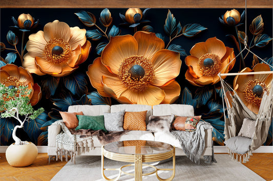 Stylish Gold Flower Modern Floral Wallpaper – peel and stick wallpaper mural, Golden Era Walls