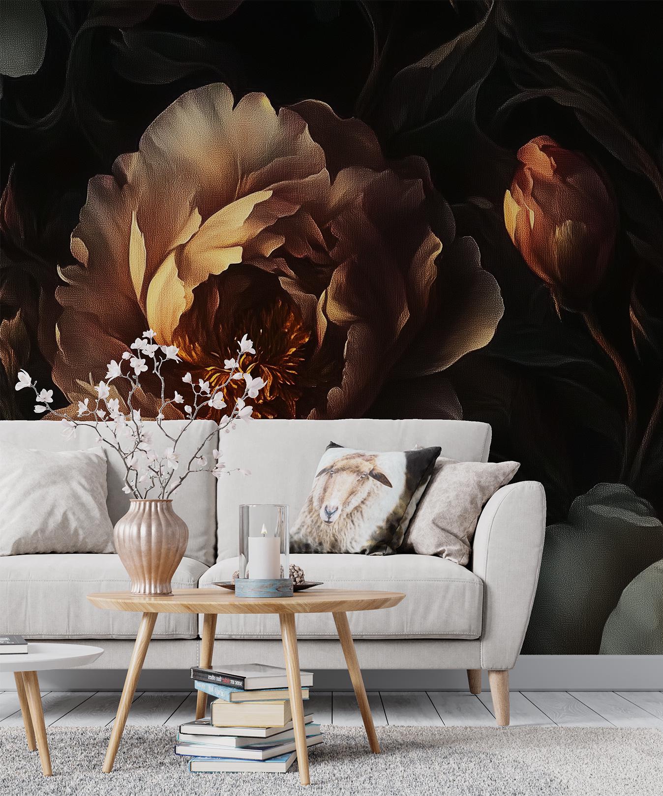 Dark Peony Baroque Floral Floral Wallpaper – scale reference, Golden Era Walls