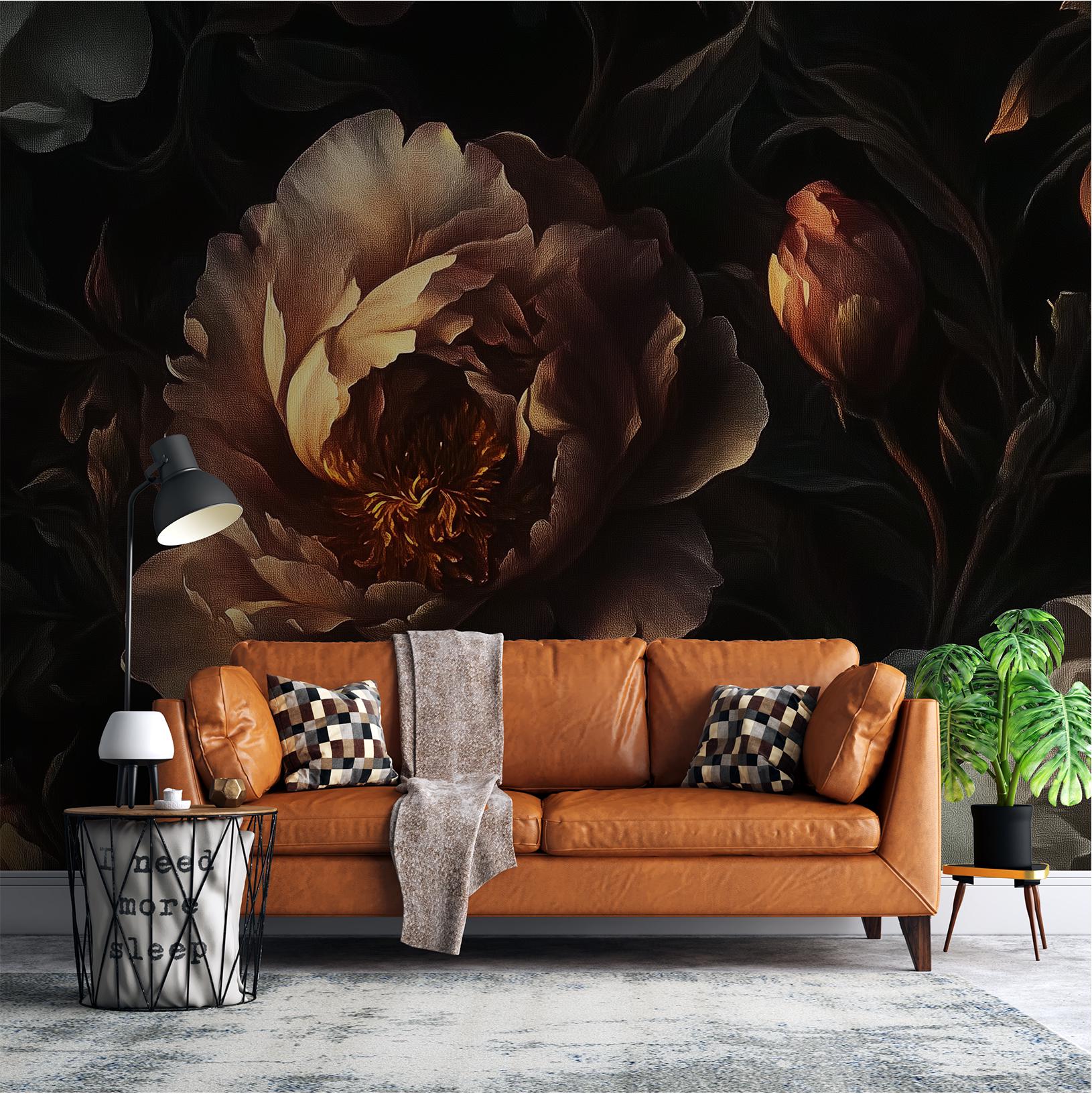 Dark Peony Baroque Floral Floral Wallpaper – peel and stick wallpaper mural, Golden Era Walls
