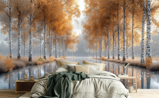 Autumn Birch Tree Golden Coastal Wallpaper – room setting, Golden Era Walls