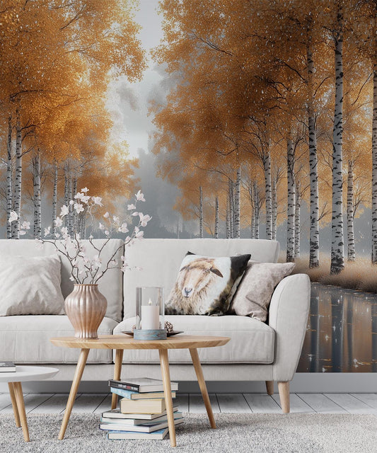 Autumn Birch Tree Golden Coastal Wallpaper – detail view, Golden Era Walls