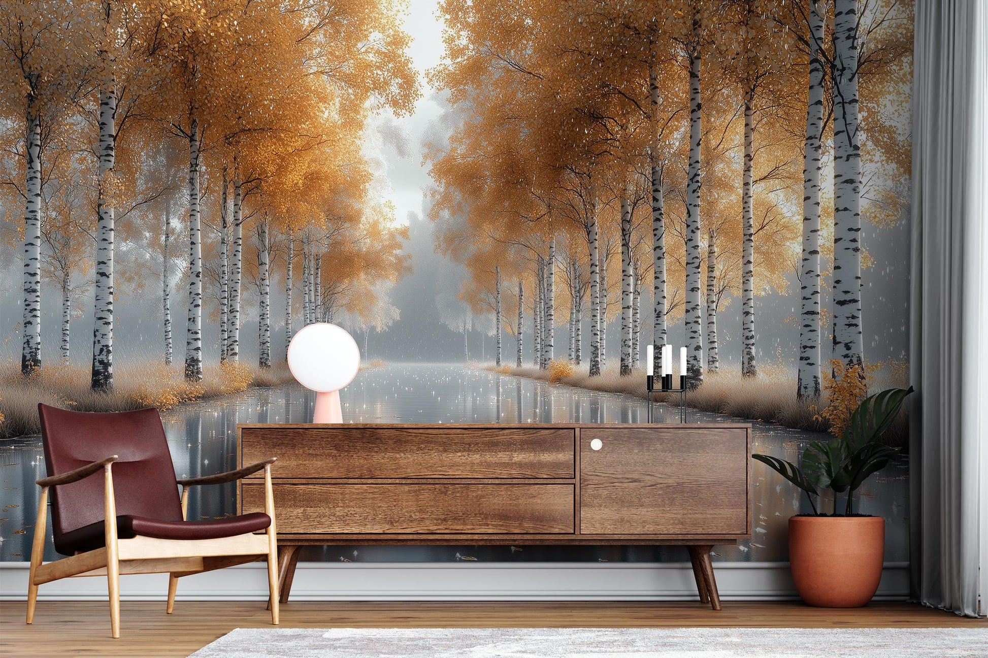 Autumn Birch Tree Golden Coastal Wallpaper – lifestyle view, Golden Era Walls