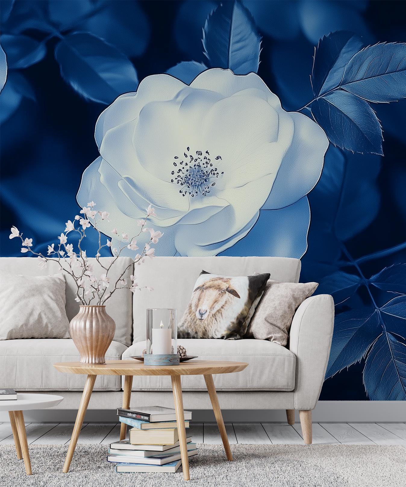 Blue White Rose Moody Floral Wallpaper – peel and stick wallpaper mural, Golden Era Walls