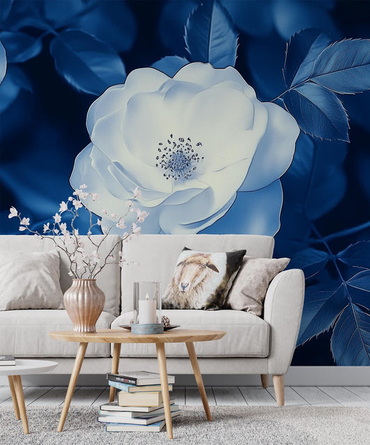 Blue White Rose Moody Floral Wallpaper – peel and stick wallpaper mural, Golden Era Walls