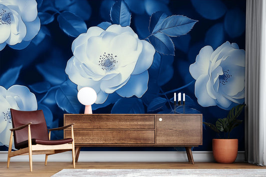 Blue White Rose Moody Floral Wallpaper – detail view, Golden Era Walls