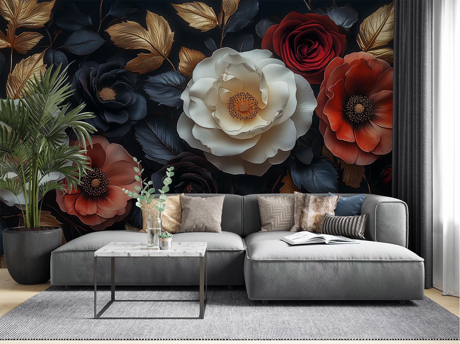 Dark Floral Luxe Baroque Floral Wallpaper – scale reference, Golden Era Walls