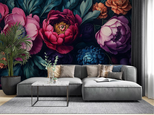 Dark Floral Moody Peony Floral Wallpaper – peel and stick wallpaper mural, Golden Era Walls