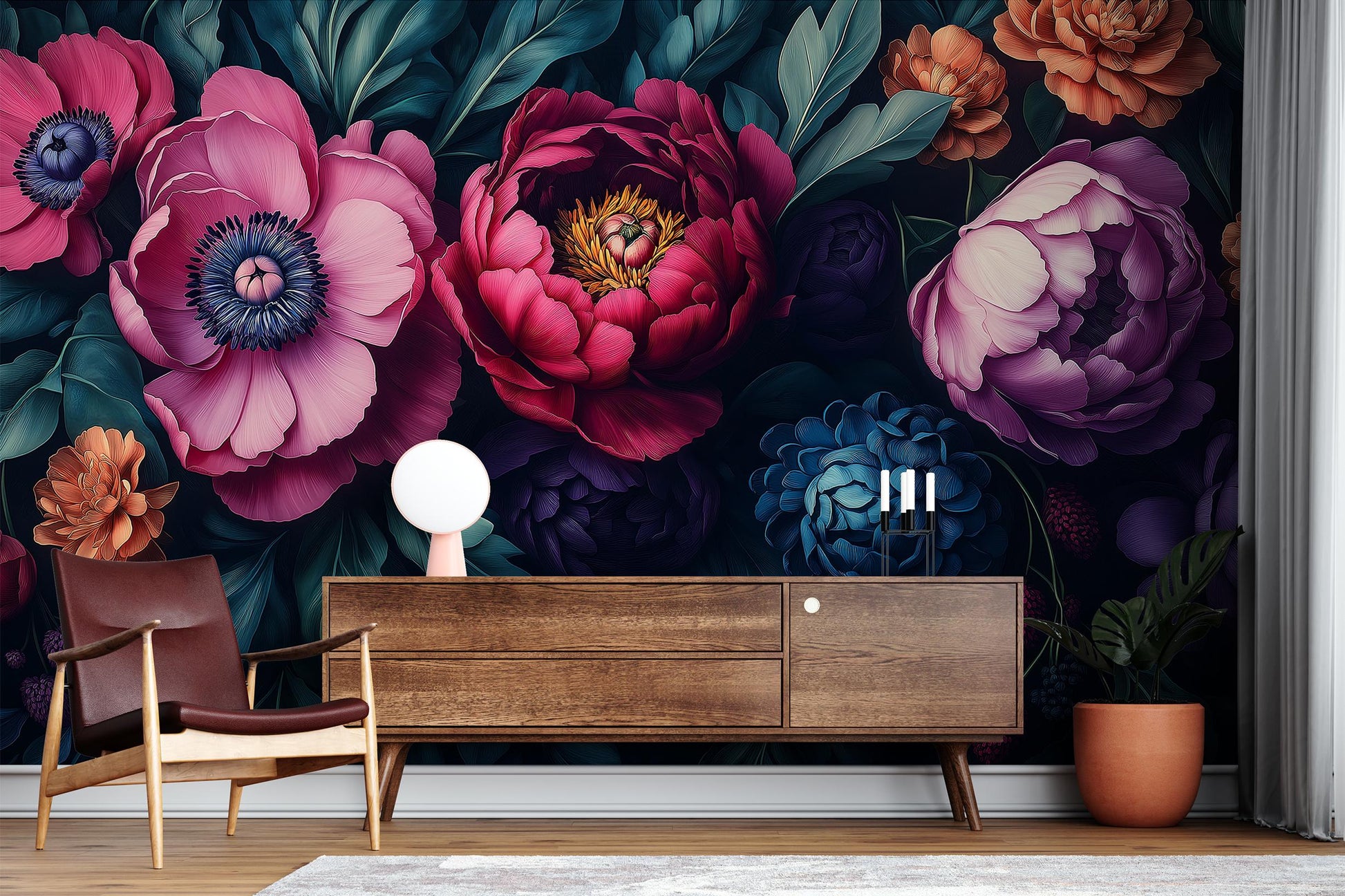 Dark Floral Moody Peony Floral Wallpaper – detail view, Golden Era Walls