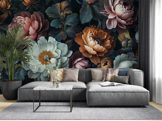 Dark Floral Vintage Peony Floral Wallpaper – peel and stick wallpaper mural, Golden Era Walls