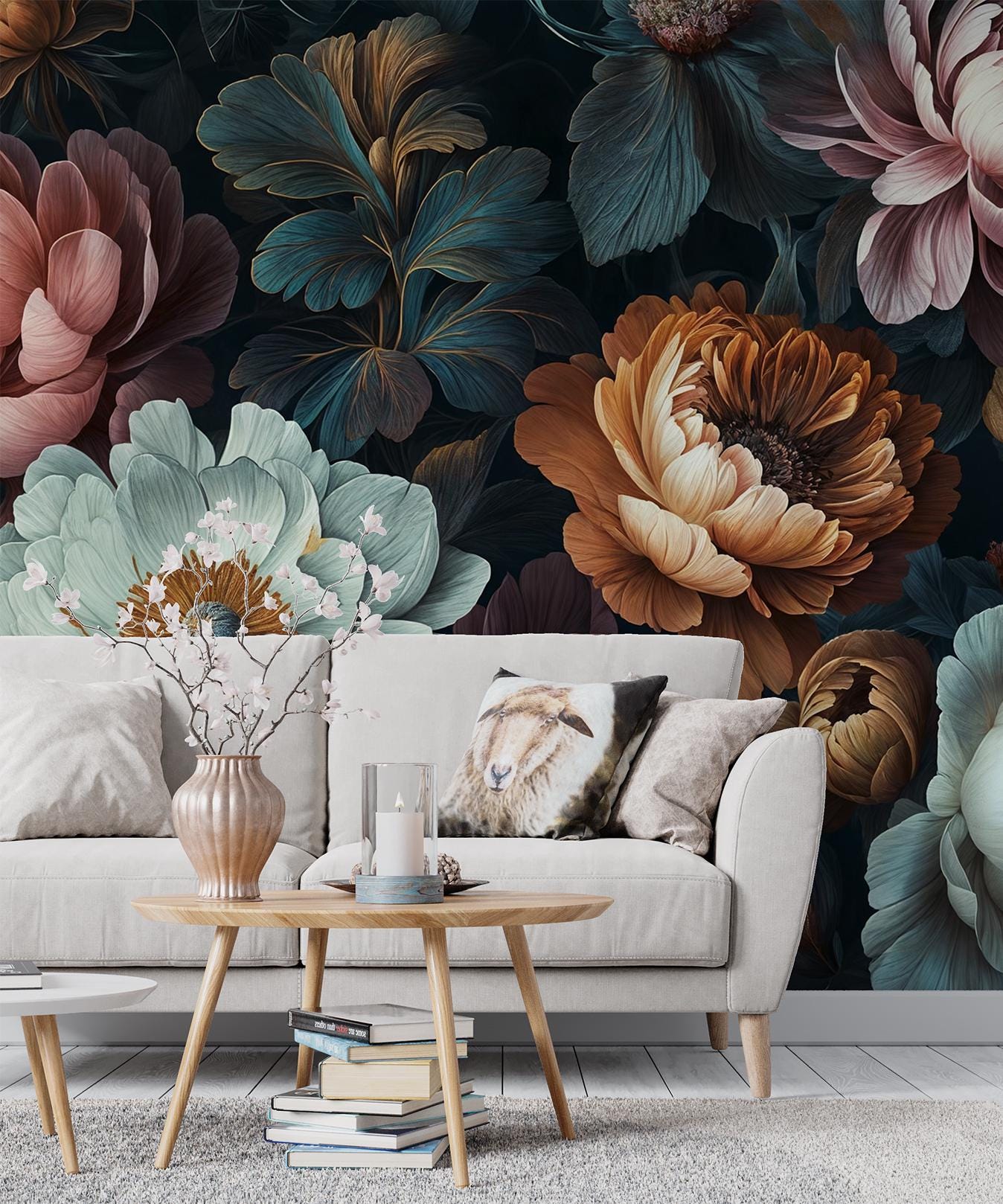 Dark Floral Vintage Peony Floral Wallpaper – lifestyle view, Golden Era Walls