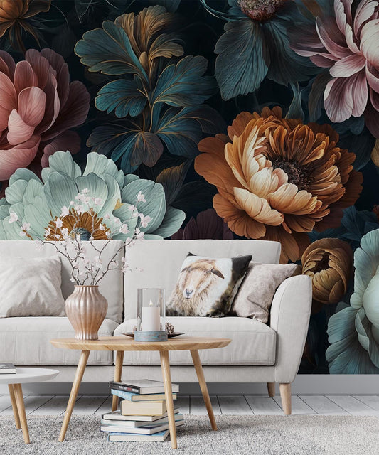 Dark Floral Vintage Peony Floral Wallpaper – lifestyle view, Golden Era Walls