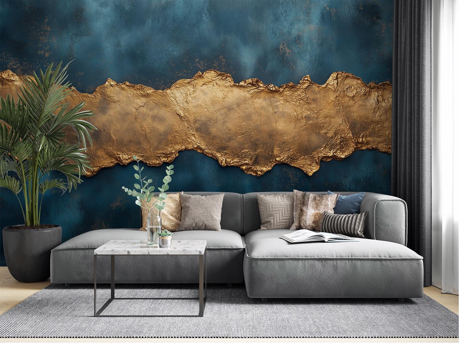 Gold Texture Abstract Blue Geometric Wallpaper – lifestyle view, Golden Era Walls