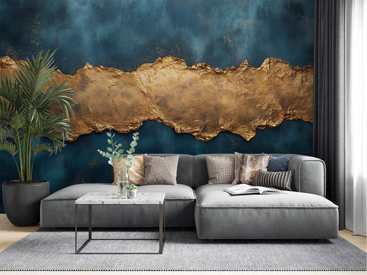 Gold Texture Abstract Blue Geometric Wallpaper – lifestyle view, Golden Era Walls