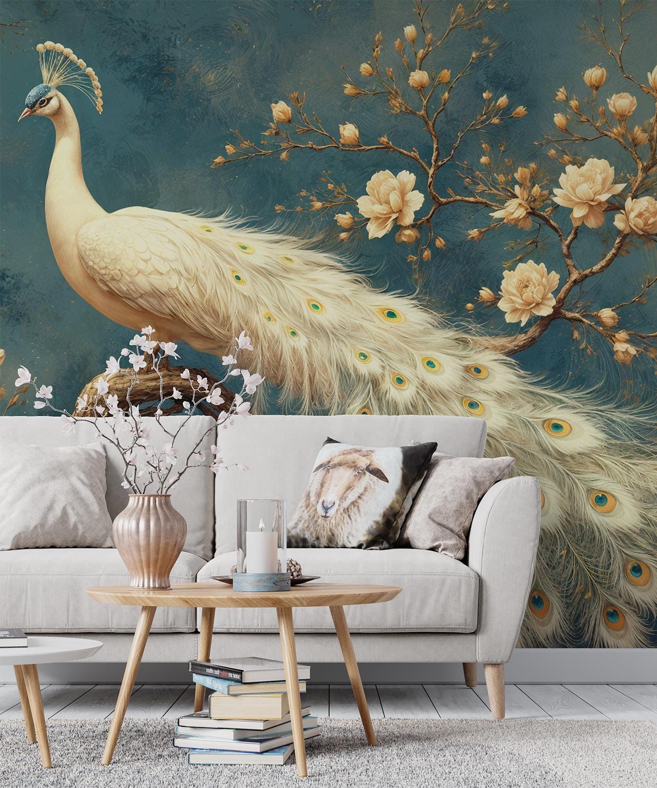 Chinoiserie Peacock Vintage Botanical Floral Wallpaper – lifestyle view, Golden Era Walls