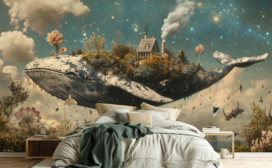 Fantasy Whale Surreal Cottage Wallpaper – lifestyle view, Golden Era Walls