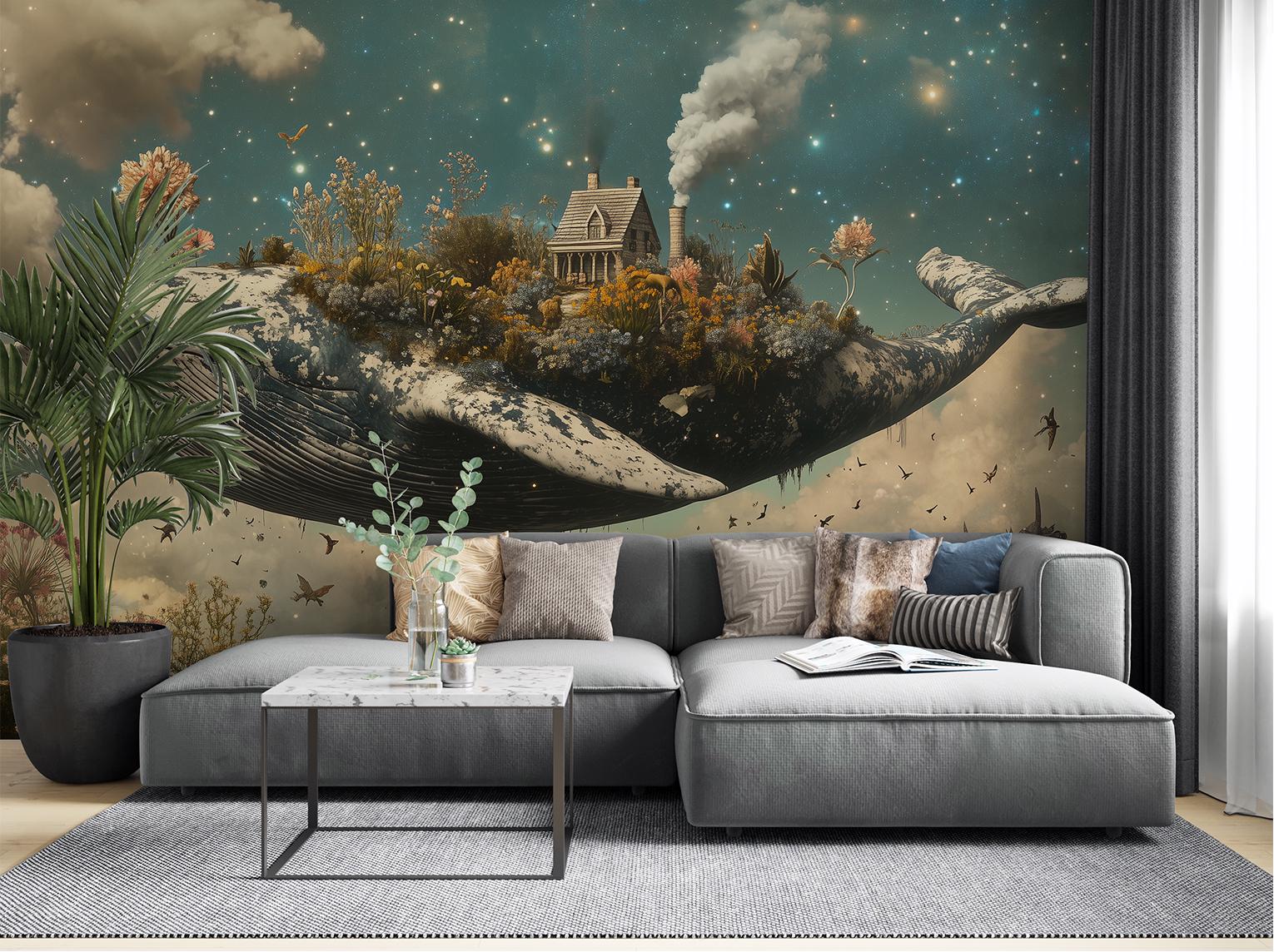 Fantasy Whale Surreal Cottage Wallpaper – room setting, Golden Era Walls