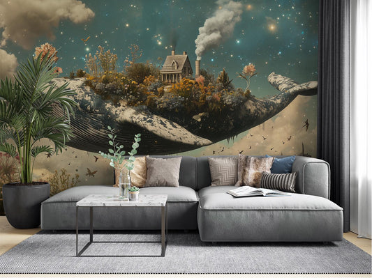 Fantasy Whale Surreal Cottage Wallpaper – room setting, Golden Era Walls