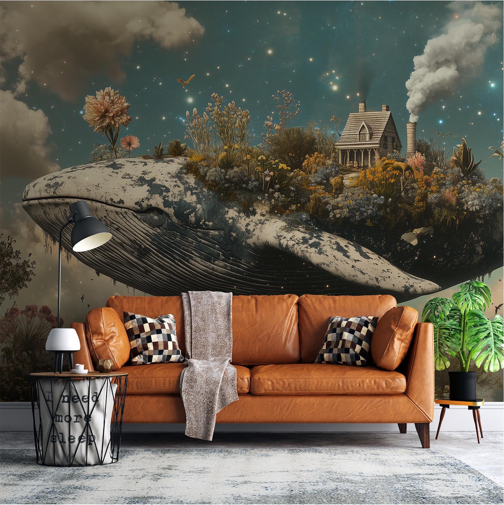 Fantasy Whale Surreal Cottage Wallpaper – scale reference, Golden Era Walls