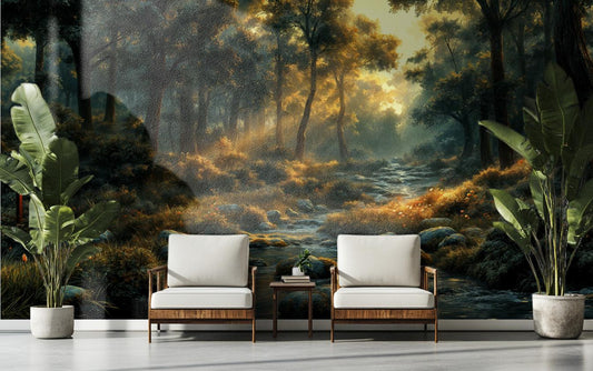 Golden Forest Stream Tranquil Wallpaper – detail view, Golden Era Walls