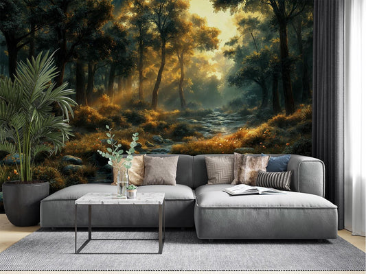Golden Forest Stream Tranquil Wallpaper – lifestyle view, Golden Era Walls