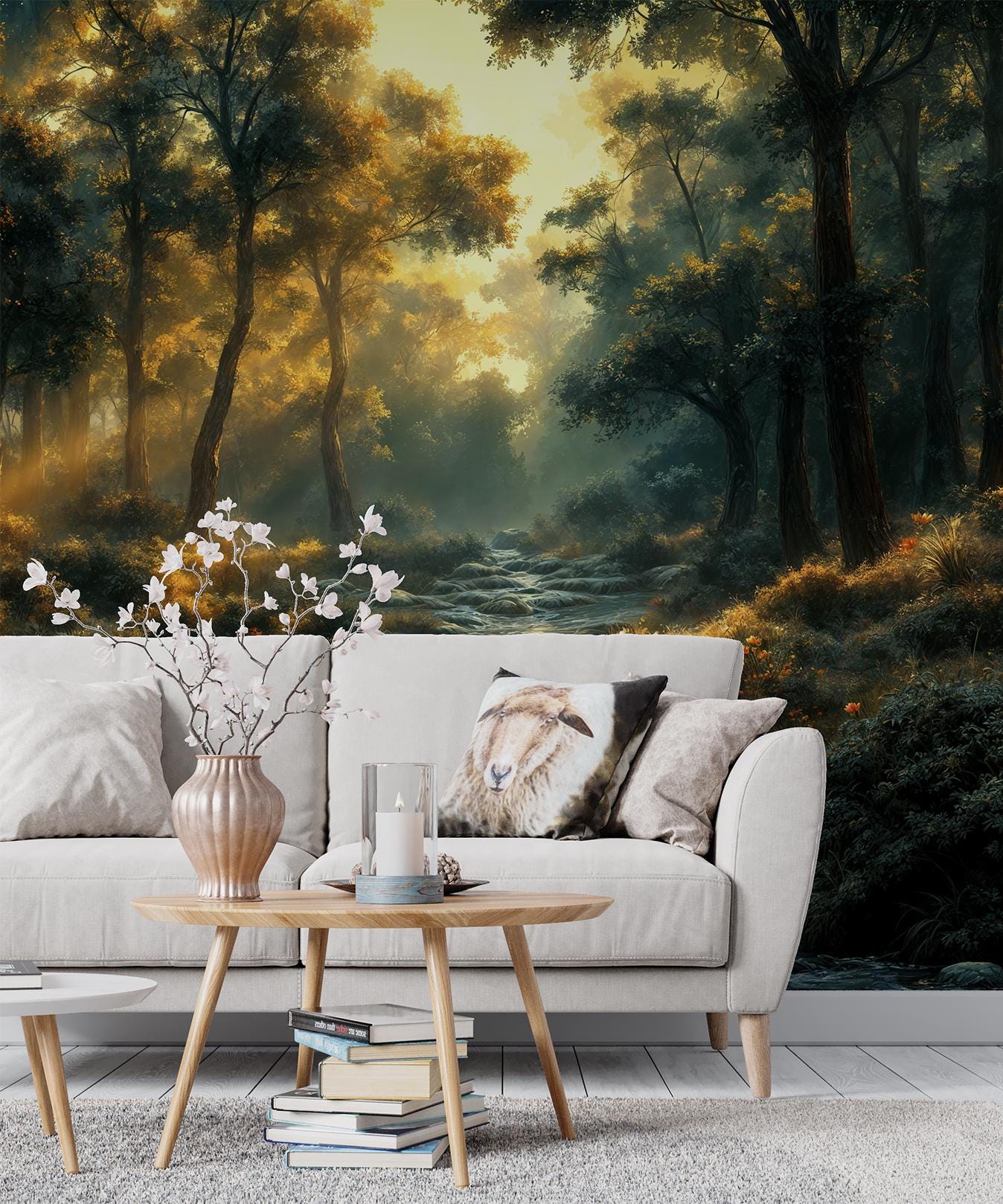 Golden Forest Stream Tranquil Wallpaper – scale reference, Golden Era Walls
